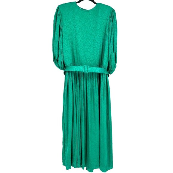 Vtg Garfinckels Green Silk Dress 80s Womens 6 Jacquard Print Puff Sleeve Pleated - Picture 1 of 12